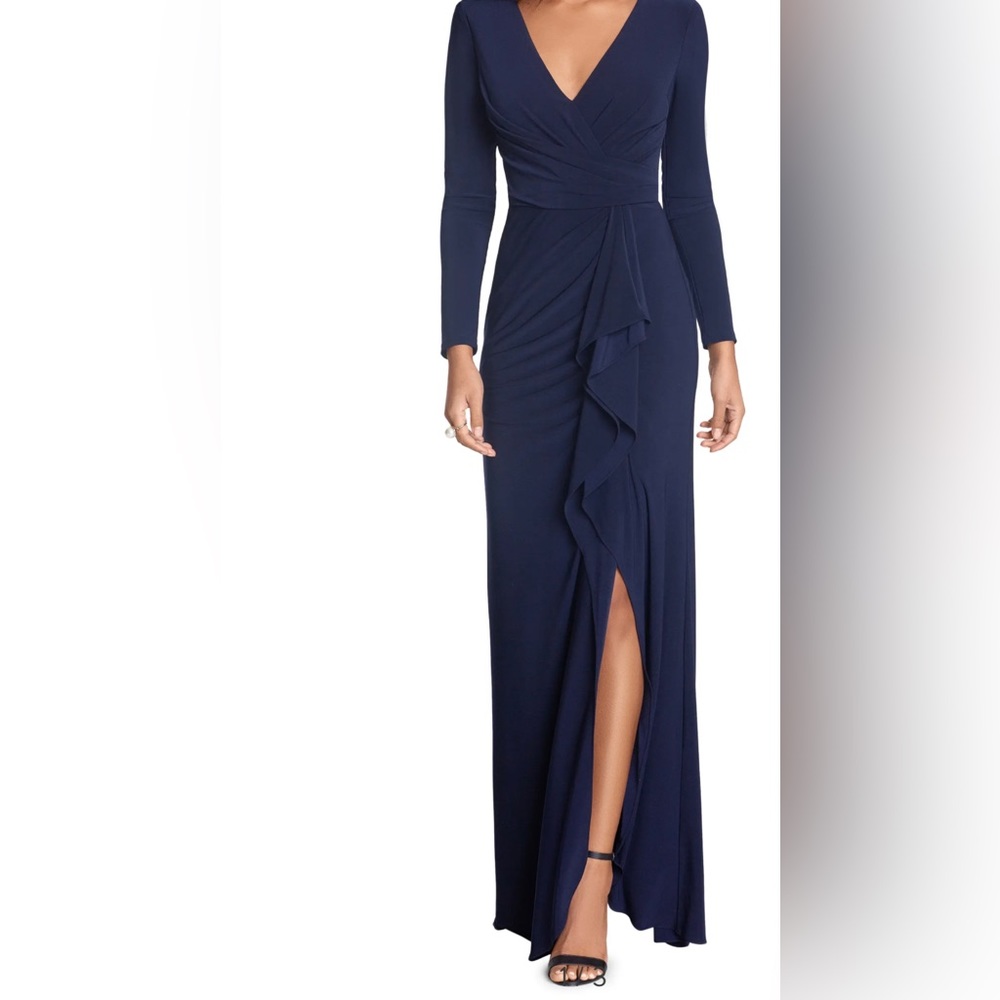 Betsy & Adam NWT, Cascade Ruffle Long Sleeve Stretch Jersey Gown Size 12